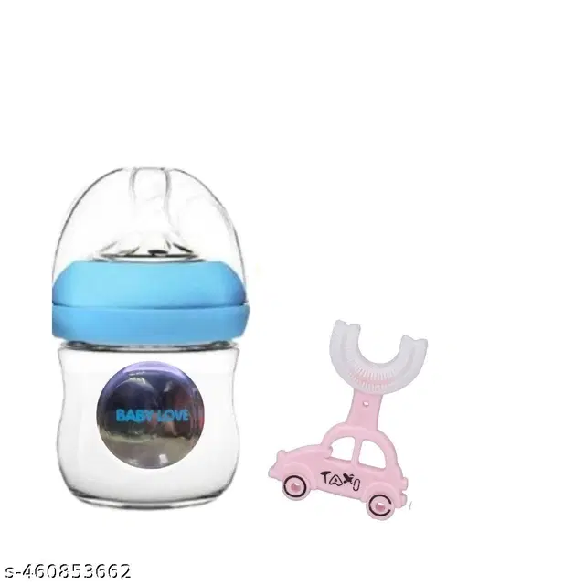Combo of Milk Bottle, 120 ml & U Shaped Toothbrush for Baby, Multicolor, Set of 2