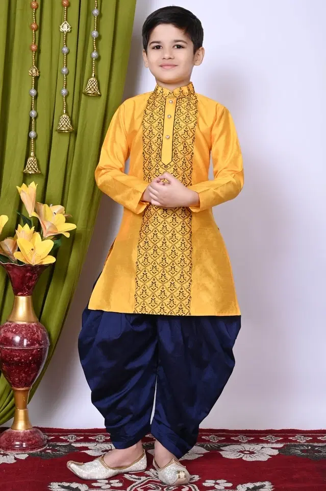 Dupion Silk Embroidery Kurta with Dhoti for Boys, Yellow & Navy Blue (6-12 Months)
