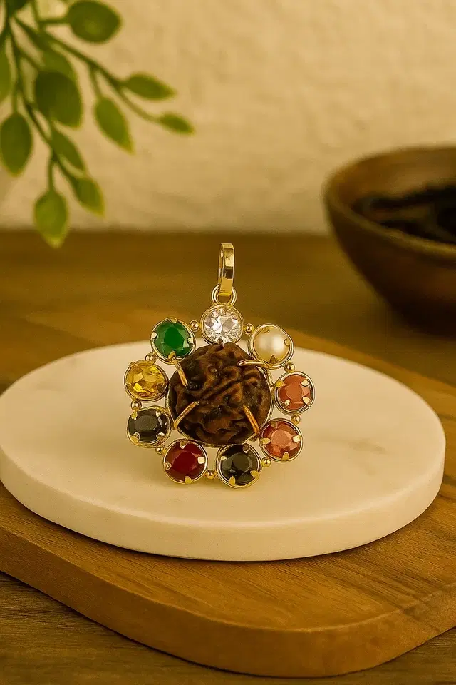 Navratna Pendant With 5 Mukhi Rudraksha for Men and Women Crystal Pendant (Pack of 1)