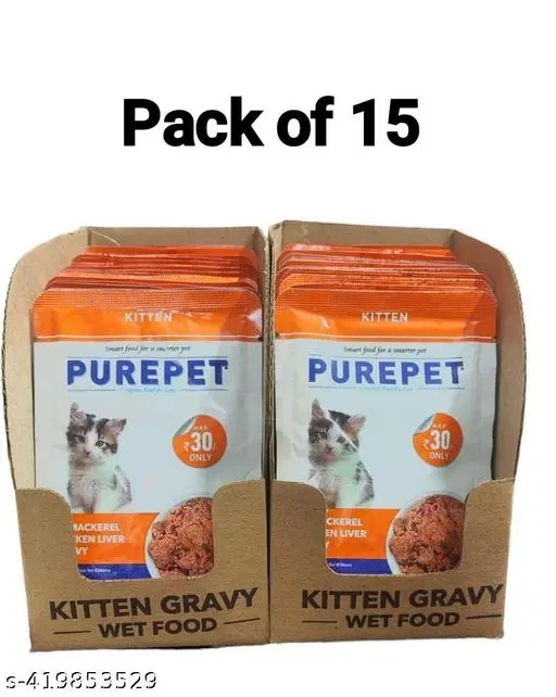 Purepet Kitten Real Mackerel & Chicken Liver In Gravy50gm pouch (Pack of 15)--- Complete Nutritional food for All breed cats & Dogs, Healthy Digestion Cat Food, Balanced Nutrition..