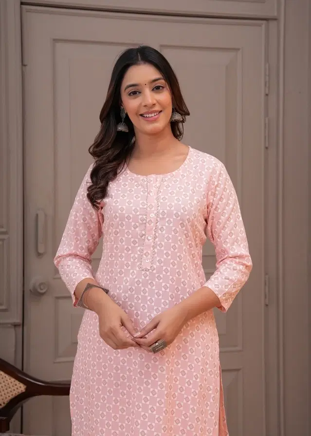 Rayon Printed Kurti for Women, Pink (S)