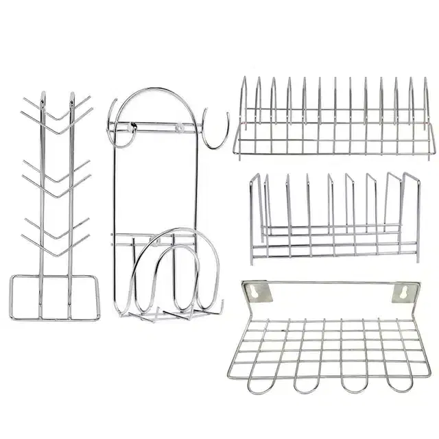 Stainless Steel Cup Stand & Plate Stand with Utensil Holder & Chakla Belan Stand, Set of 5, Silver