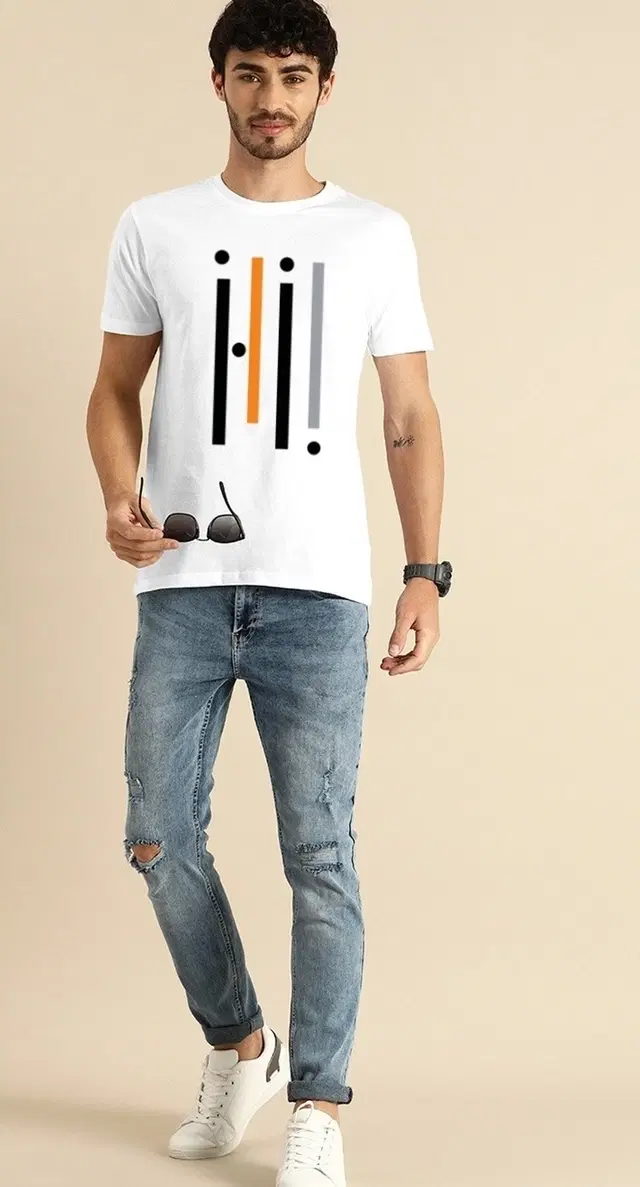 Round Neck Printed T-Shirt for Men, White (M)