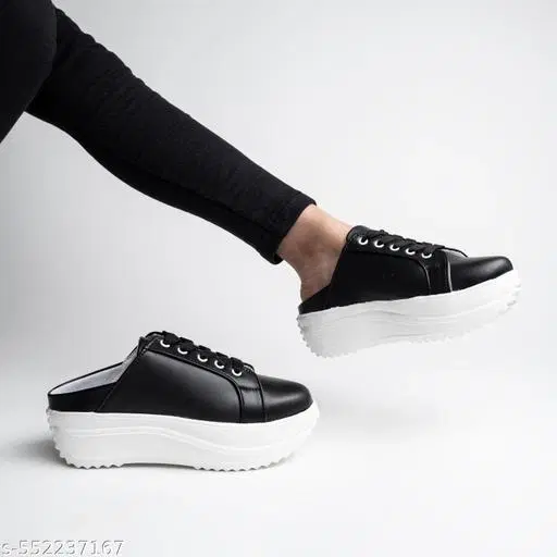 Solid Synthetic Sneakers for Girls (Black, 9-10 Years)