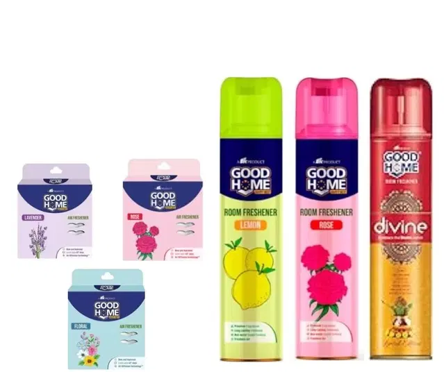 Combo of Goodhome Lemon, Rose & Divine Room Freshener, 130 g, Pack of 3 with 3 Pcs Free Hanging Sachet, Set of 6