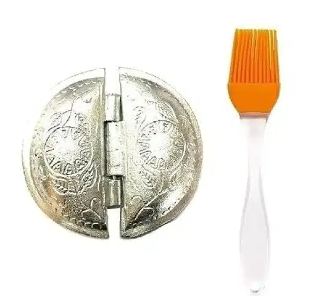 Gujiya Maker Mould & Silicone Oil Brush, Set of 2, Silver
