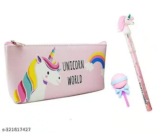 Unicorn Multipurpose Pouch with Pencil & Eraser, Multicolor, Set of 3