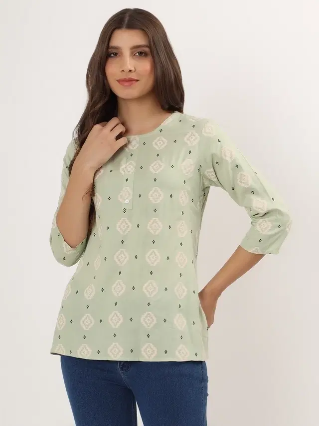 Womens Floral Print ethnic motif short Kurti, Green (M)