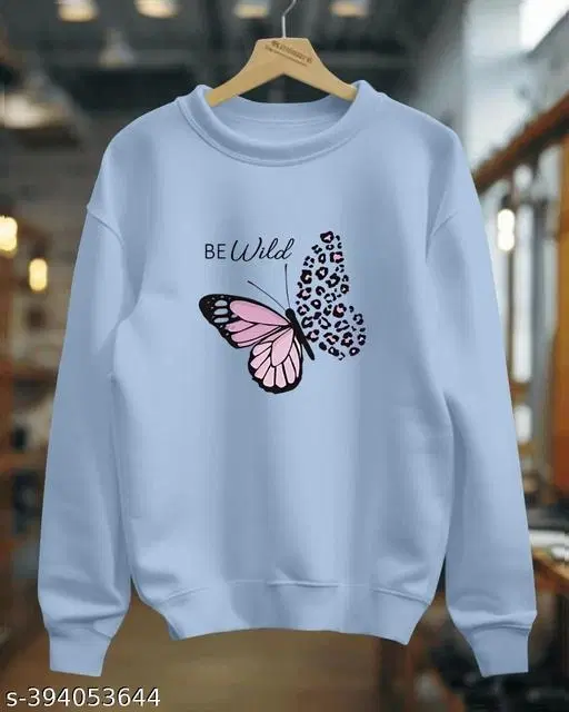 Cotton Printed Sweatshirt for Women (Sky Blue, S)