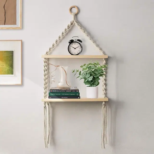 Akaar Macrame Wall Hanging Single Wooden Shelve