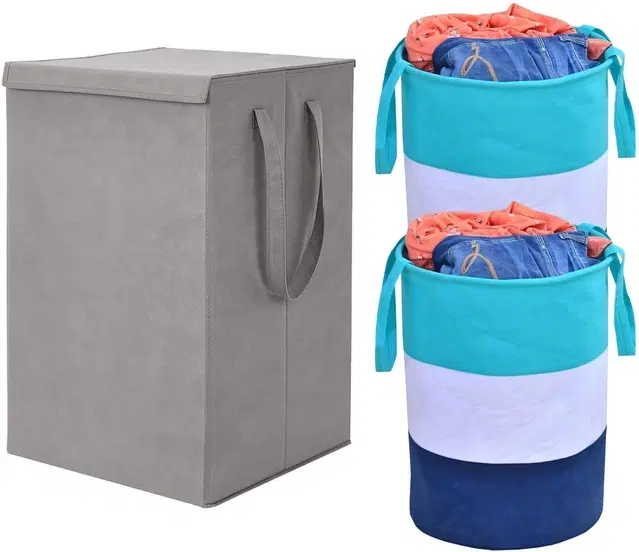 Canvas Laundry Basket,Grey & Green,  (Pack Of 3)