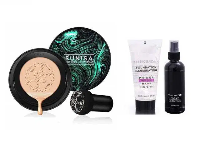 Sunisa BB and CC Cream Foundation with Mushroom Head Air Cushion Puff, Matte Fixer & Primer, Set of 3, SE-22