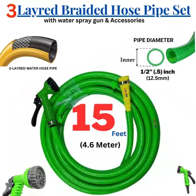 Bzore 3 Layered Braided Hose Pipe with 6 Flow Spray Gun & Accessories, Set of 1, Green, 15 feet