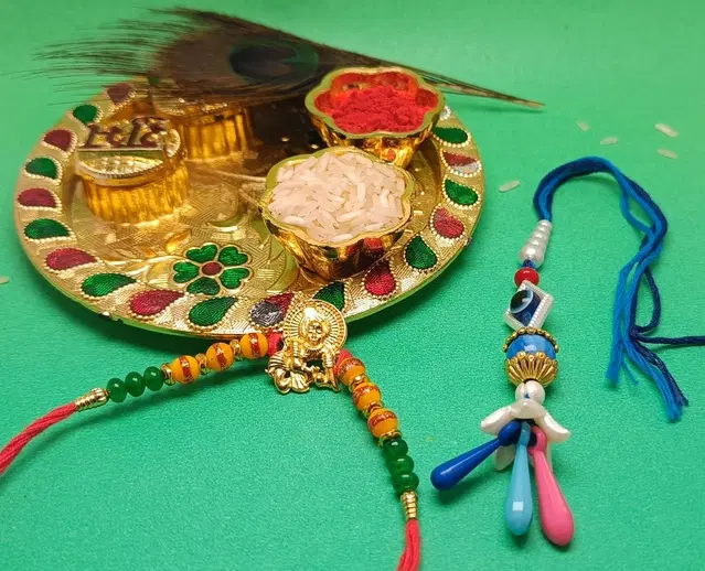 Synthetic 2 Pcs Rakhi with 4.5 Inch Plate & Greeting card, Roli (Multicolor, Set of 1)