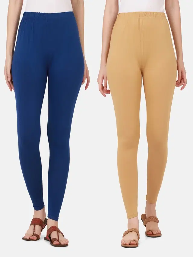 Cotton Solid Leggings for Women, Pack of 2 (Royal Blue & Beige, XL)