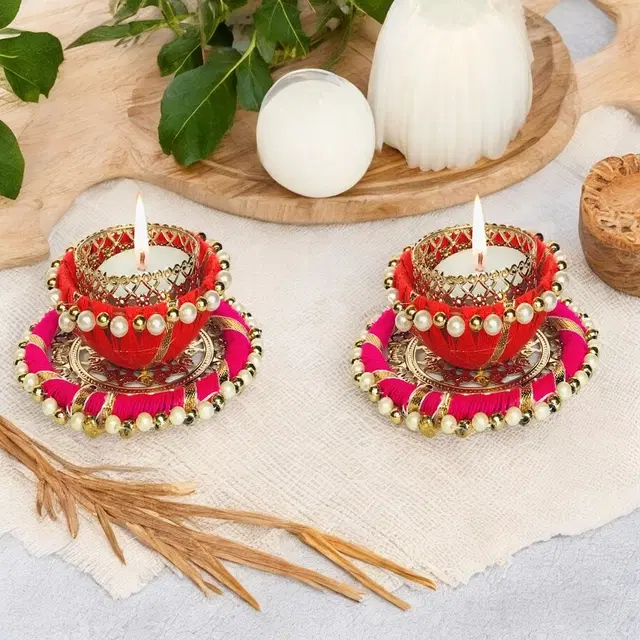 Metal Designer Tealight Candle Holder, Multicolor, 8x8x4 cm, Pack of 2