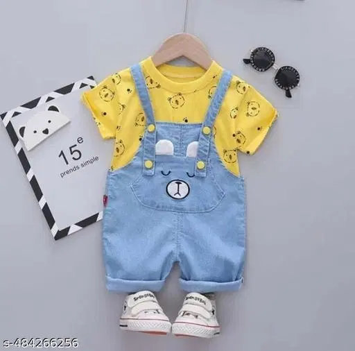 Hosiery Cotton & Denim Printed Clothing Set for Kids, Yellow (18-24 Months)