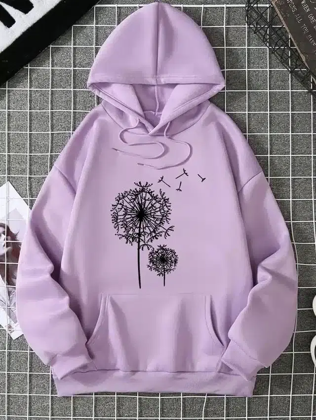 Fleece Self-Design Hoodies for Women (Lavender, M)