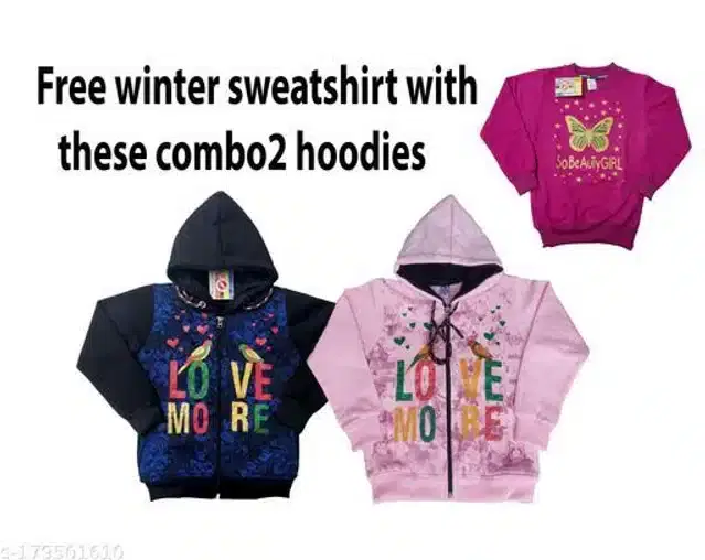 Fleece Printed Full Sleeves Hooded Sweatshirts with Free Round Neck Sweatshirt for Girls, Set of 3 (Multicolor, 3-4 Years)