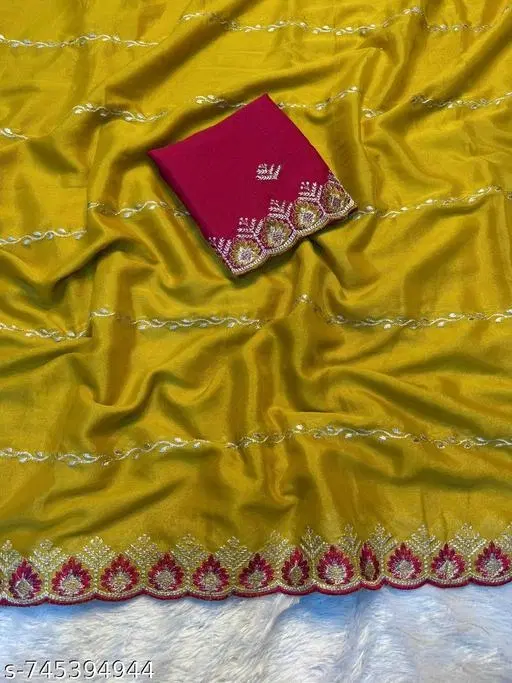 Embroidered Botanical Leheriya Saree (Green, Free Size)