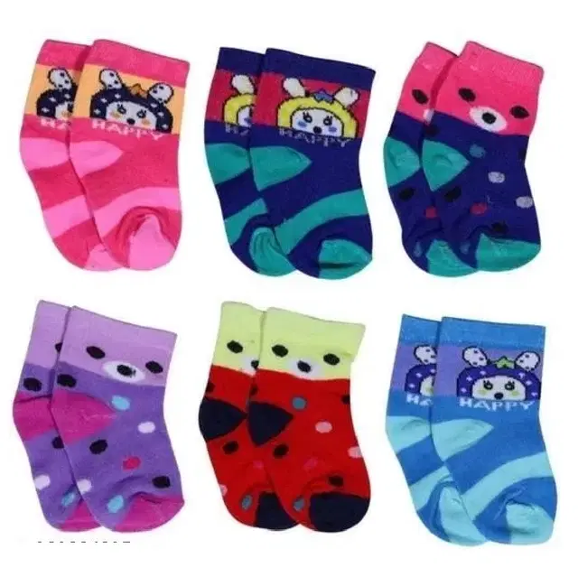 Cotton Printed Socks for Kids, Set of 6, Multicolor (0-1 Years)