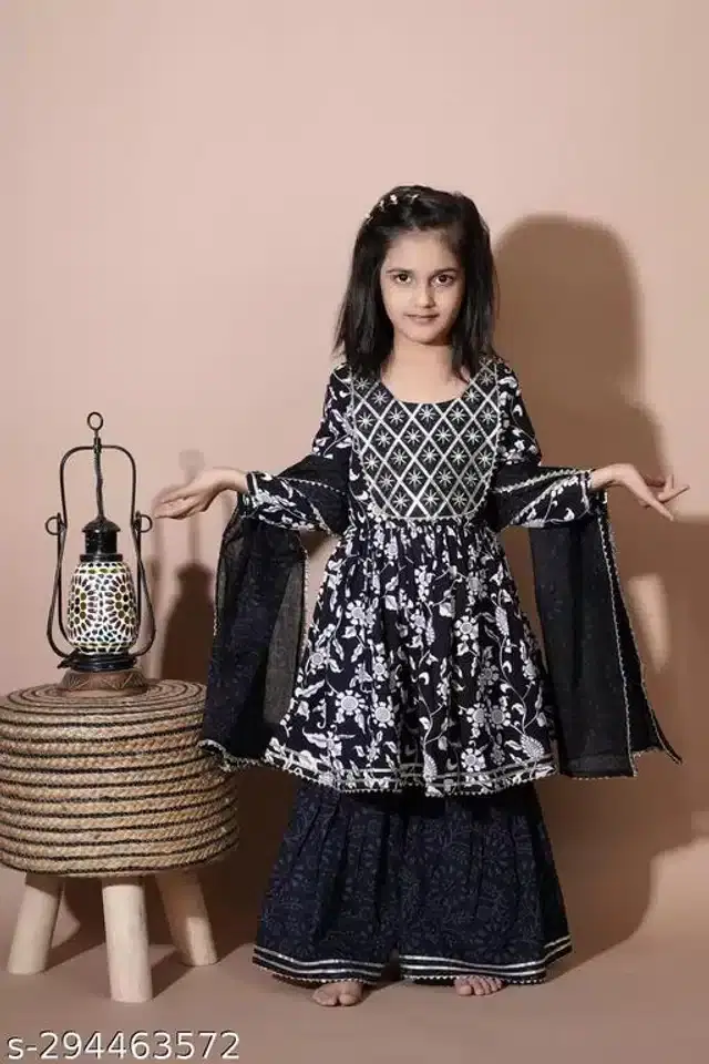 Rayon Printed Kurti with Dupatta & Sharara for Girls (White & Black, 5-6 Years)