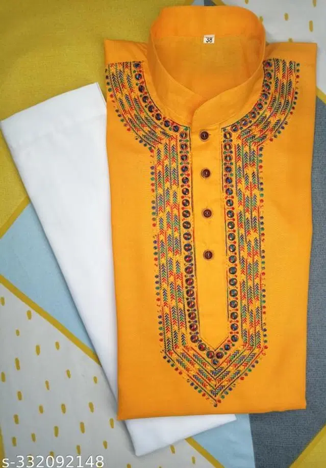 Cotton Embroidered Kurta with Pyjama for Men (Yellow & White, XXL)