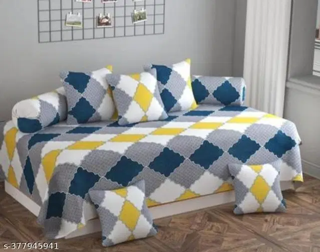 Glace Cotton Printed Diwan Cover Set, Yellow & Blue, Pack of 8