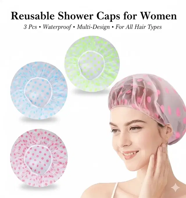 Shower Cap  for Women, Reusable Waterproof Elastic Eva Free-Size Bathroom Shower 3pcs Caps - For Homes, Spas, Salons, Hair Treatment, Beauty Parlors, Multicolored and Multi-design Pack of 3