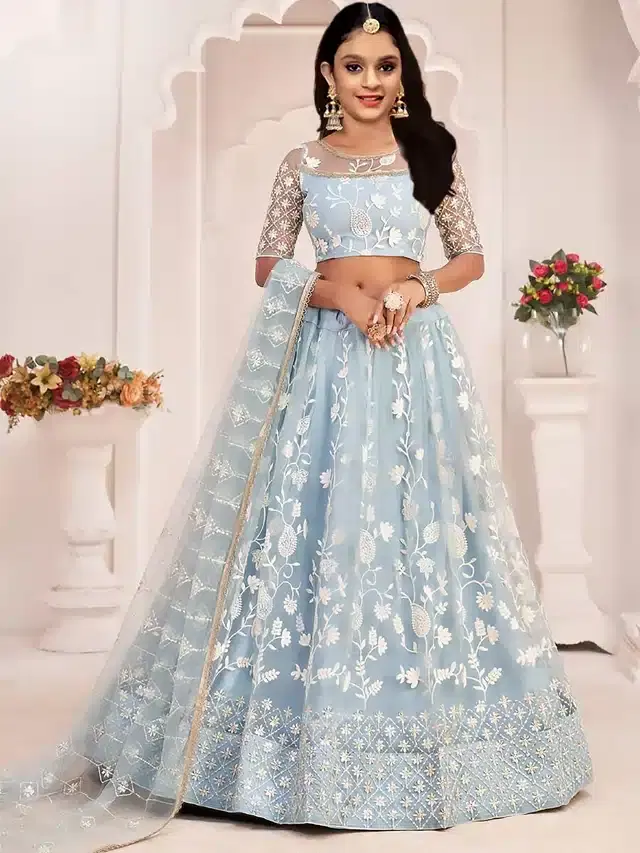 Net Embroidered Semi Stitched Lehenga for Girls (Light Blue, 9-10 Years)