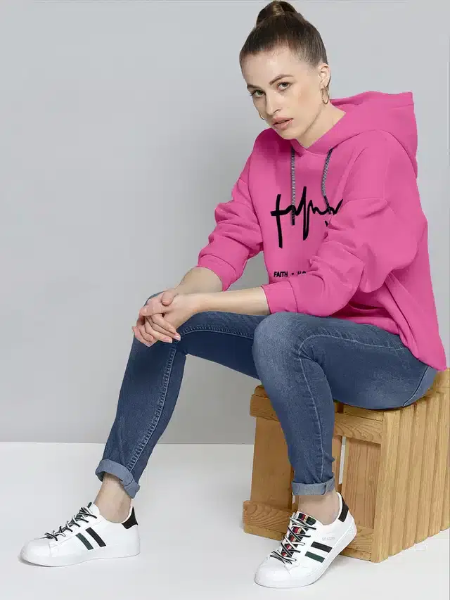 Full Sleeves Printed Hoodie for Women (Pink, S)