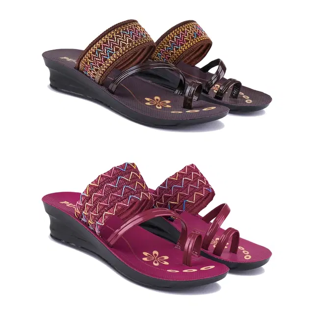 Sandals for Women, Pack of 2 (Brown & Maroon, 7)
