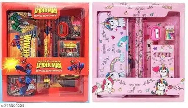 Combo of Spiderman & Unicorn Theme Stationery Kit for Kids, Red & Pink, Set of 2