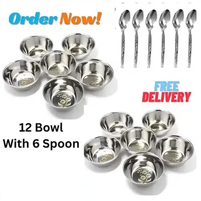 Stainless Steel 12 Pcs Bowls with 6 Pcs Spoon, Silver, Set of 2