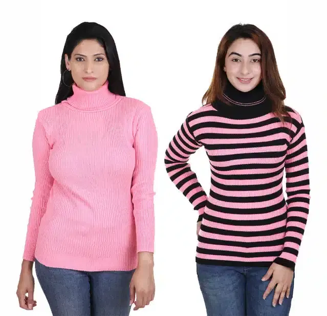 Full Sleeves Solid Sweater for Women, Pack of 2 (Pink, S)