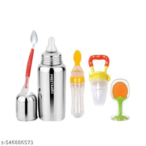 Steel Feeding Bottle, Spoon ,Bottle, Nibbler,Soft Silicone Fruit Teether With Baby Cutter