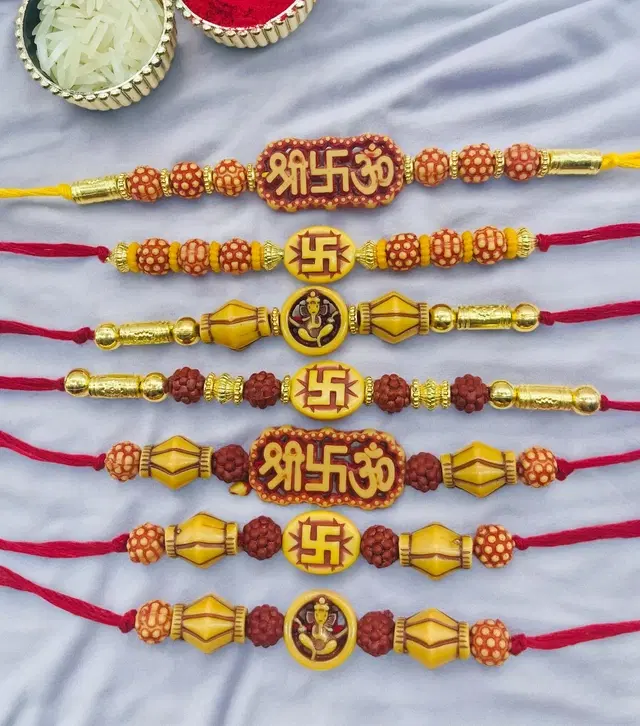 Handmade Designer Rakhi with Roli Chawal, Multicolor, Pack of 7