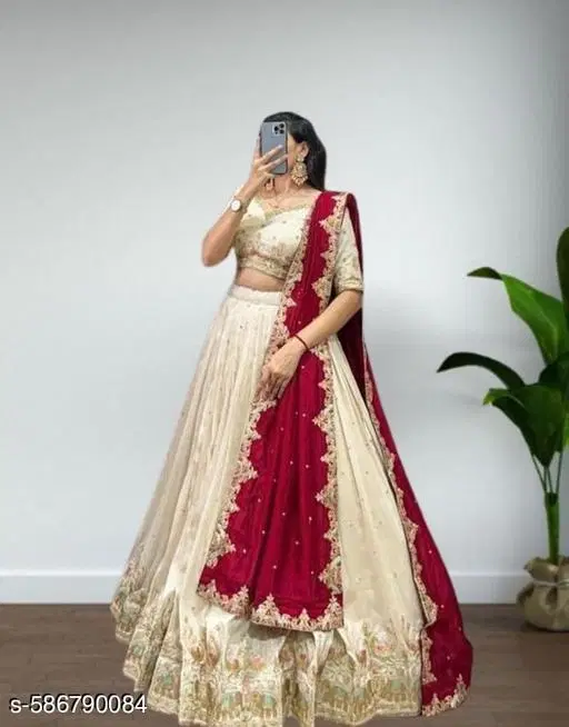 Embroidered Lehenga Choli for Women (White, Semi Stitched)