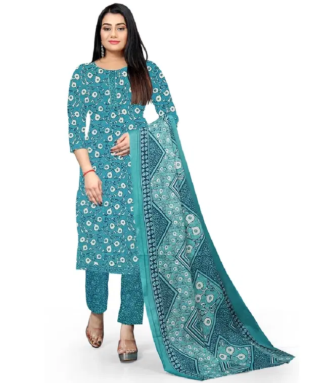 Cotton Blend Floral Print Unstitched Suit with Dupatta for Women, Blue