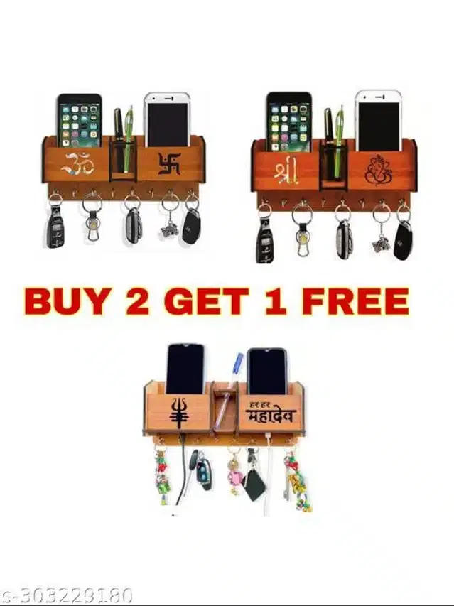 Wooden Key Holder, Brown, Pack of 3