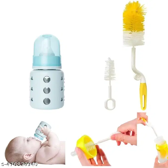 Combo of Milk Bottle, 60 ml with Bottle & Nipple Cleaning Brushes, Multicolor, Set of 3