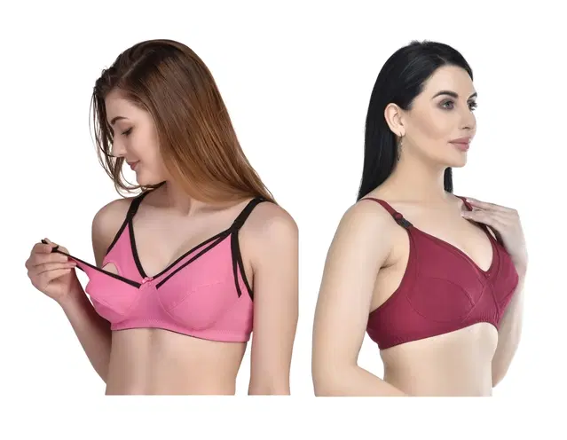 Cotton Blend Solid Non Padded Feeding Bras for Women, Pack of 2 (Multicolor, 3XL)