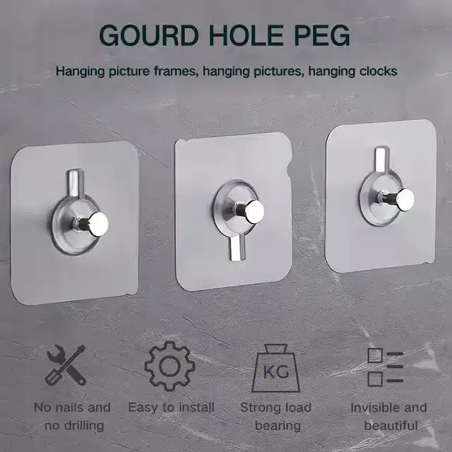 Adhesive Wall Hooks, Silver, Pack of 3