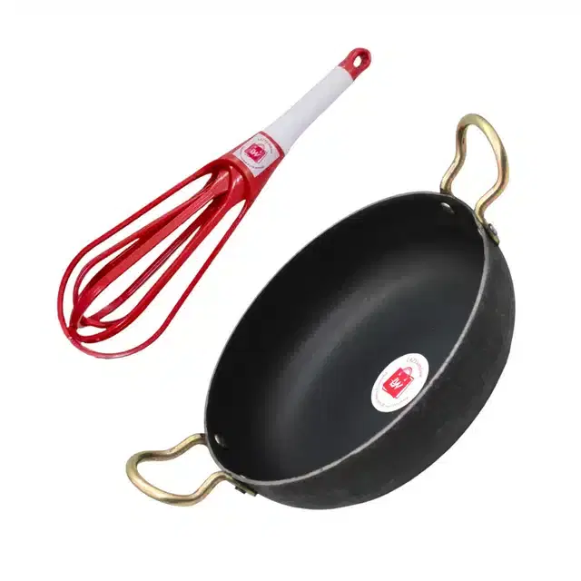 Deep Bottom Kadhai & Plastic Whisker, Pack of 2, Red & Black, 1200 ml