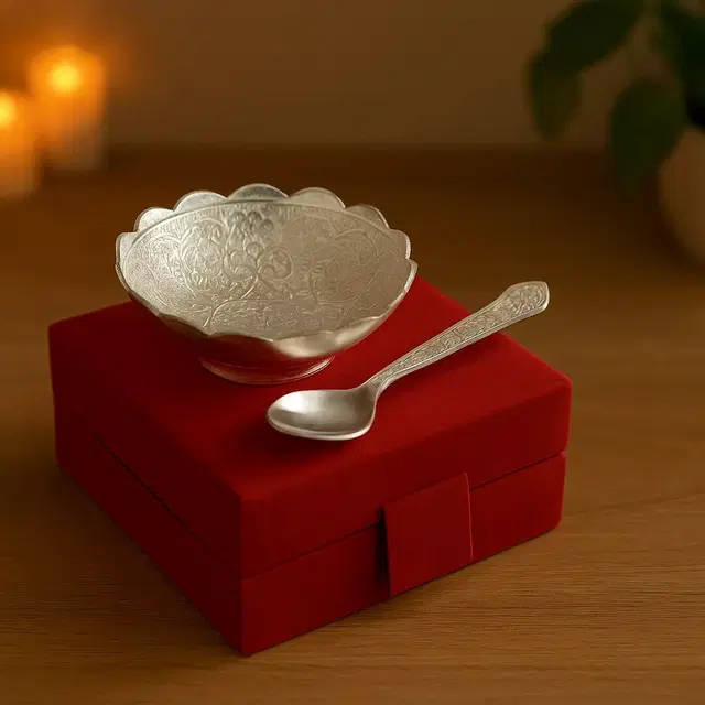 Decorative Bowl silver carved designer bowl with spoon