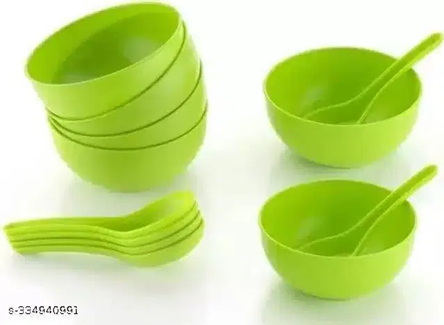 Plastic 6 Pcs Bowls, 250 ml with 6 Pcs Spoons, Green, Set of 2