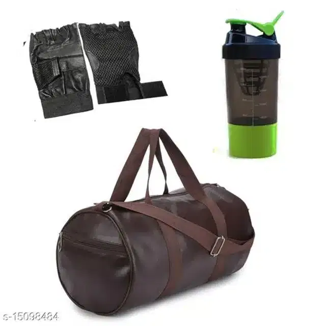 Combo of Gym Bag with Shaker Bottle, 400 ml, Gloves, Multicolor, Set of 3