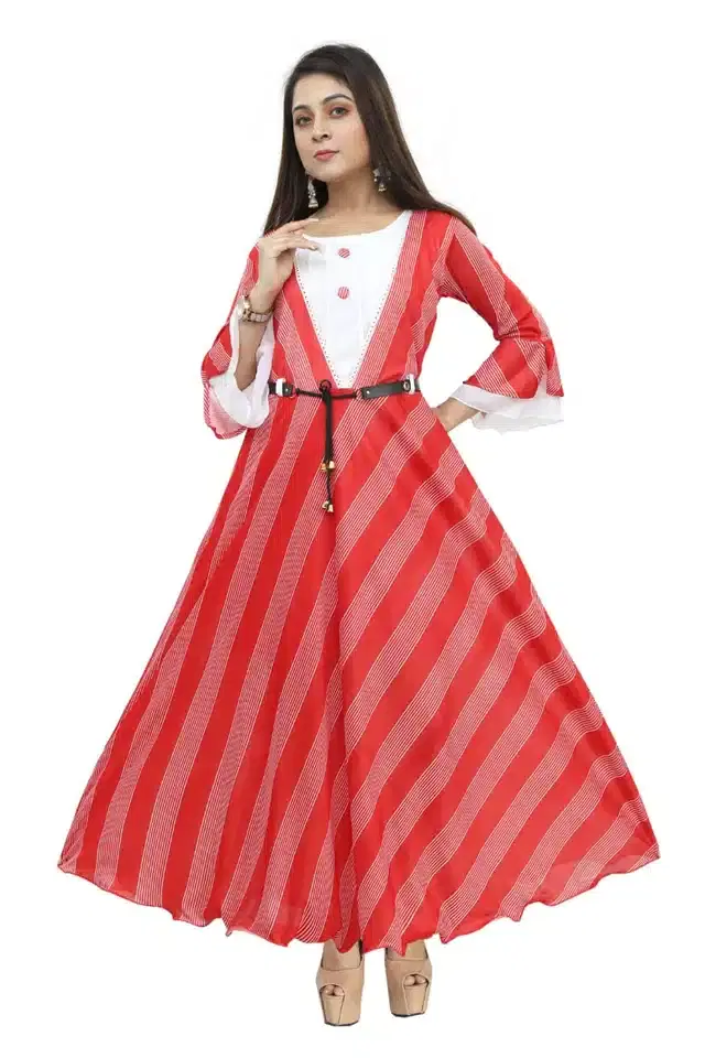 Three Quarter Sleeves Gown for Girls (Red & White, 10-11 Years)