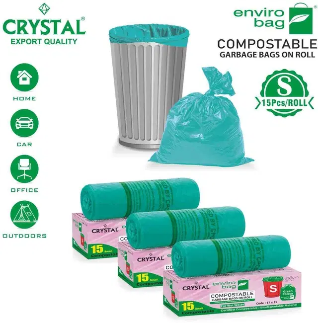 Crystal 15 Pcs Garbage Bags Rolls, Green, 20 L, Set of 3