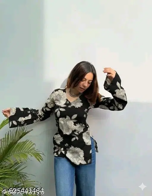 Rayon Printed Short Kurti for Women, Black (L)